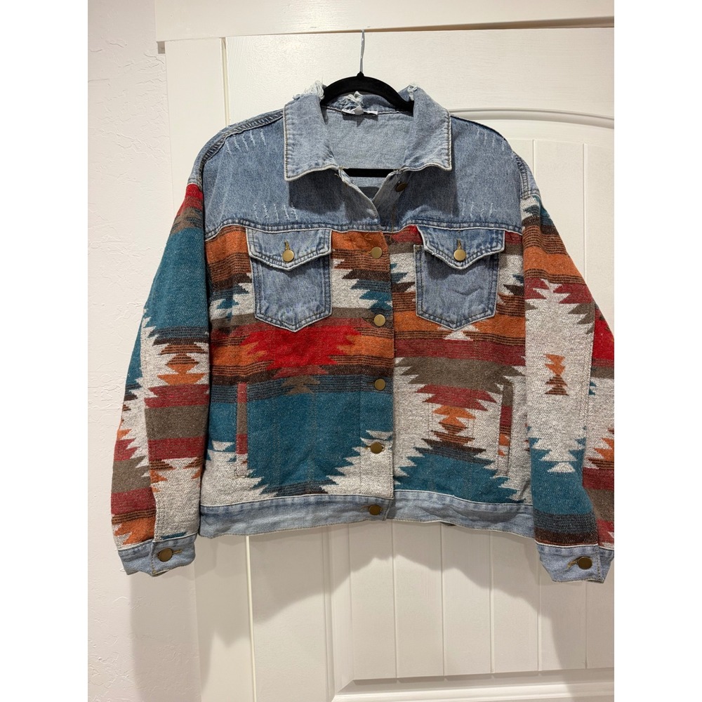 Polagram Womens Denim Jacket Southwestern Aztec Woven Tapestry Mixed Media L